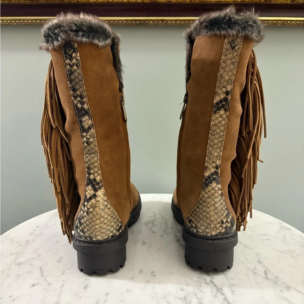 Sam Edelman Tilden Faux Fur Fringe Boots – Chestnut Suede w/ Snakeskin Trim